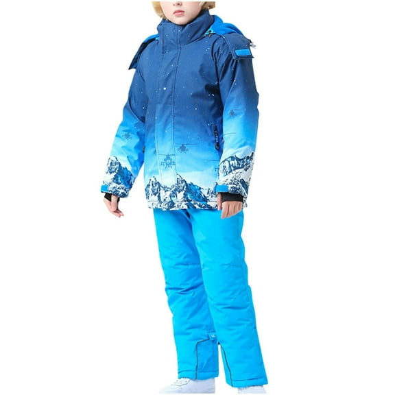 SGFCWSX Kids Ski Jacket and Pants Set with Removable Hood Boys Girls Insulated Windproof Waterproof Gradient Snow Outfit Blue Size 7-8Years