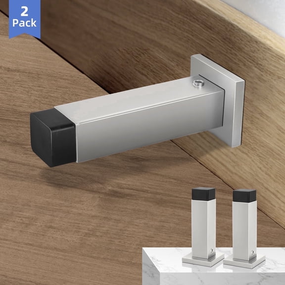 KOLAKO 3.4 inch Door Stoppers, Bumper with Rubber Tips, Strong Metal Square Wall Protector Baseboard Mount, Silver, 2 Pack