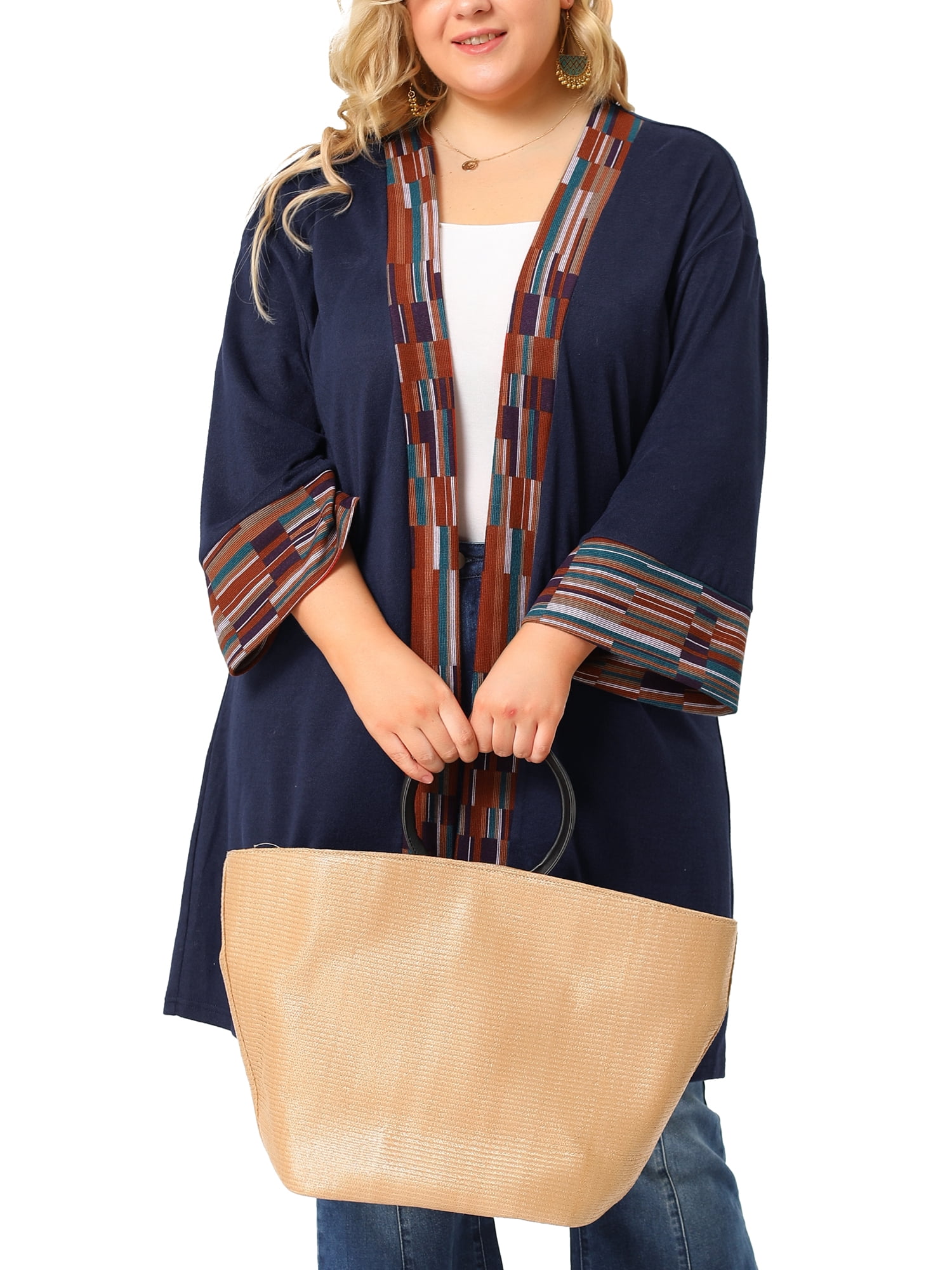 Unique Bargains Women's Plus Size Boho Relaxed Open Front Cardigans 3X Dark Blue