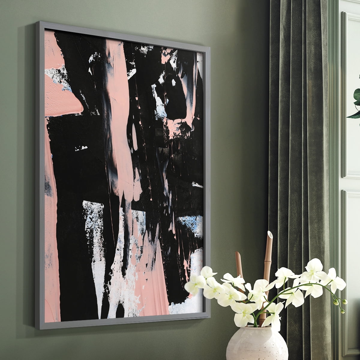 Black & Blush I Framed Print in Gray Solid Wood Framed Print No Nail Hanging
