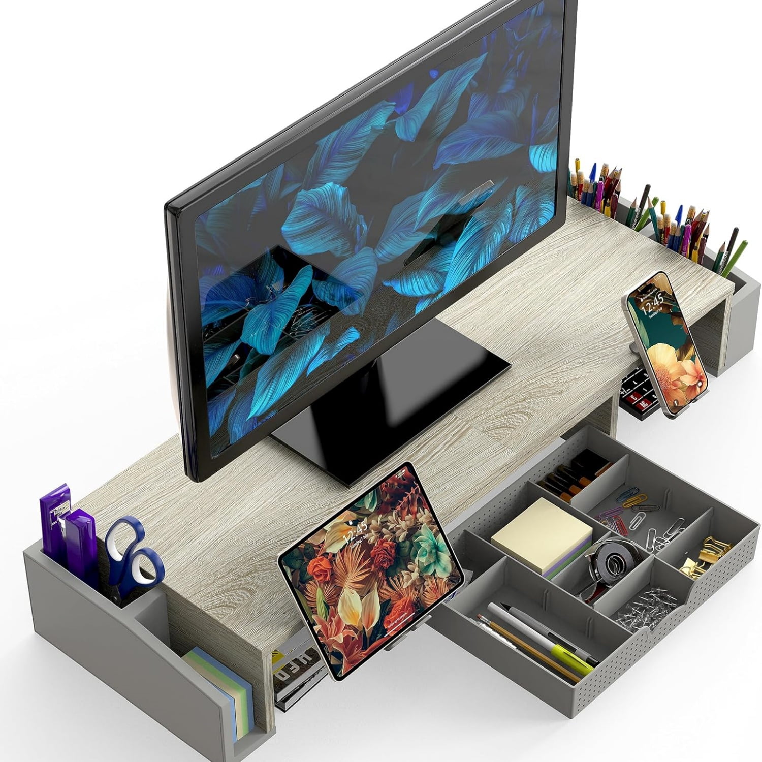 Desk Dual Monitor Stand Riser with Drawer, Maple