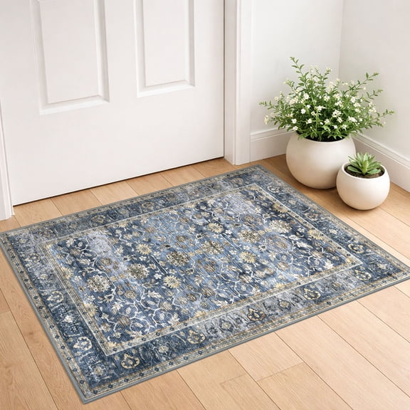 GLATTICE Vintage Washable 2x3 Small Area Rugs for Entryway Non Slip Kitchen Rugs with Rubber Backing Floral Print Soft Low Pile Throw Rug for Entrance, Blue Grey Beige
