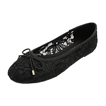 

Feversole Round Toe Lace Ballet Crochet Flats Women s Comfy Breathable Shoes Black Metal Trim Size 8.5 US