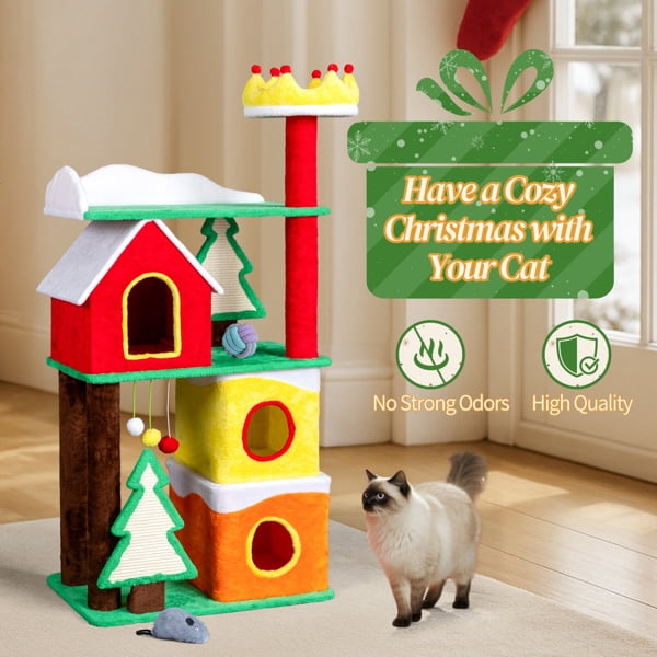 56in Christmas Cat Tree with 3 Condos & Crown Perch - Multi-Level Cat Tower with Sisal Ramps for Indoor Cats, Holiday Decor