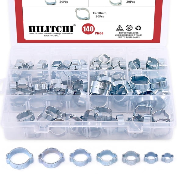 Hilitchi 7 Tailles 140 Pcs Pinces de Tuyau à Double Oreille Plaquées Zinc O Clips Tuyau Tube Carburant Pinces Fixations Clips Kit d'Assortiment