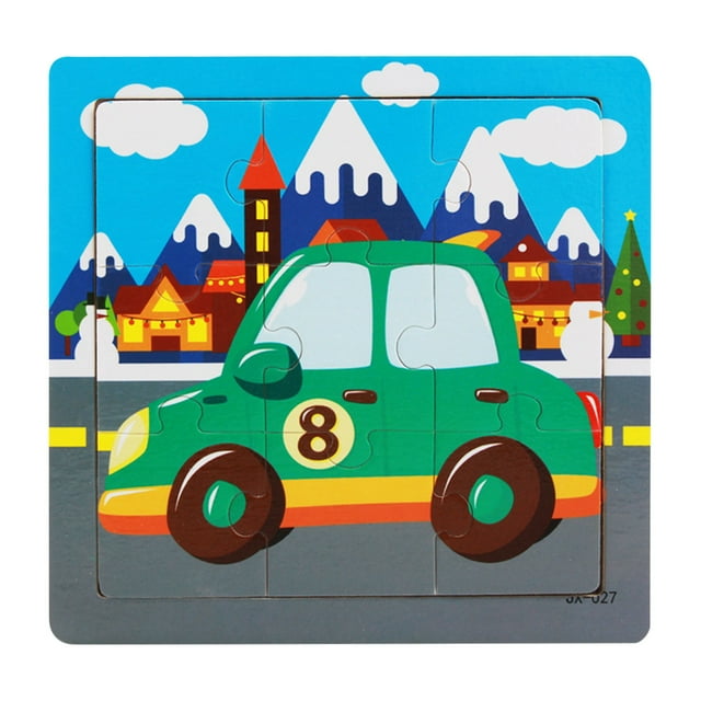E Kids Wooden Transportation Puzzle, 9-Piece Jigsaw Learning Toy, Educational Preschool Brain Teaser Game