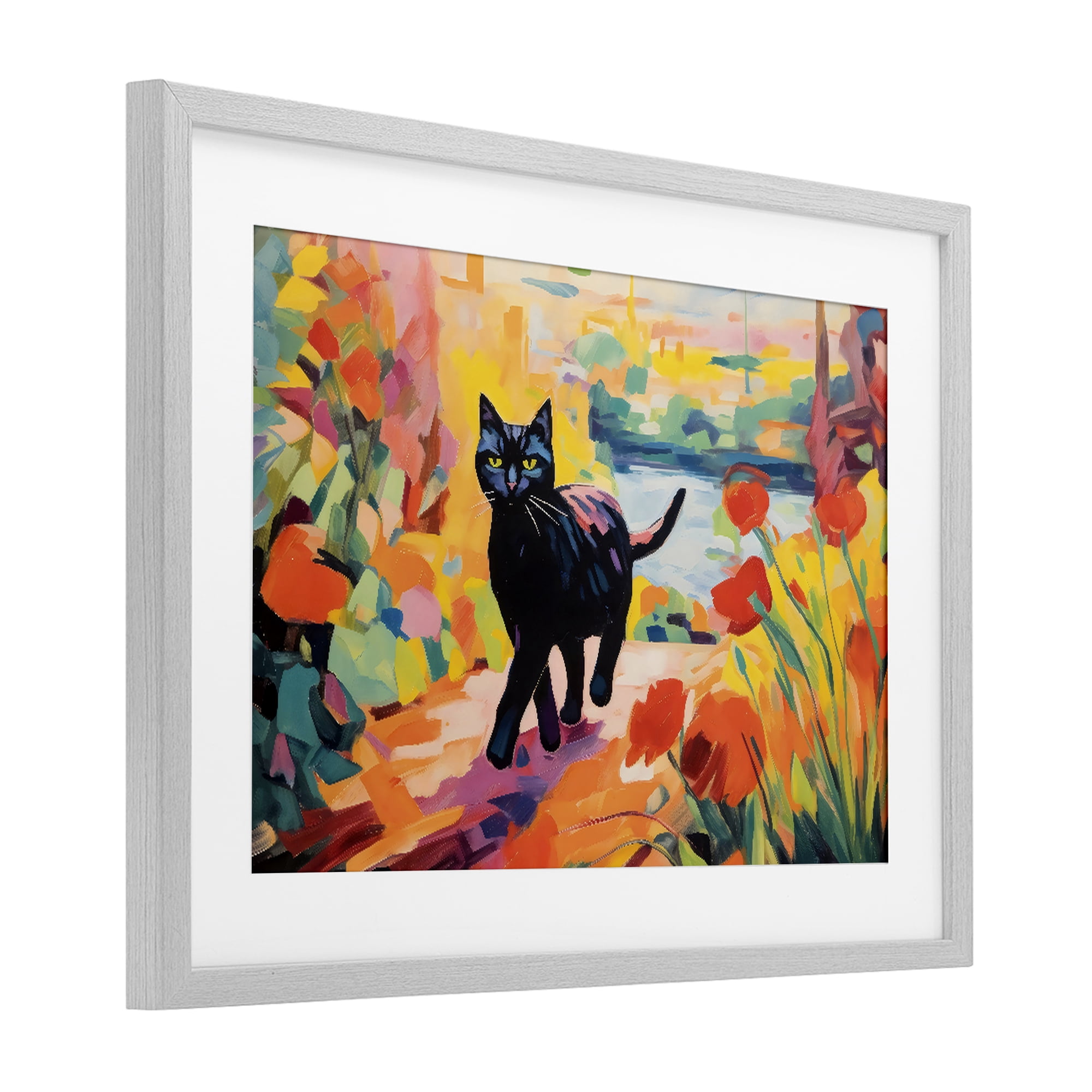 Stupell Industries Sunlit Black Cat in Garden Gray Framed Print Under Glass, design by Creative Studio