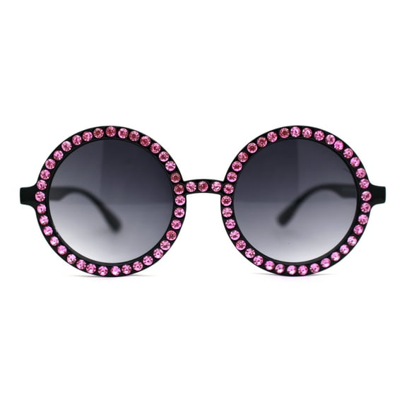Womens Full Rhinestone Wizard Round Circle Lens Plastic Sunglasses Black Pink Smoke