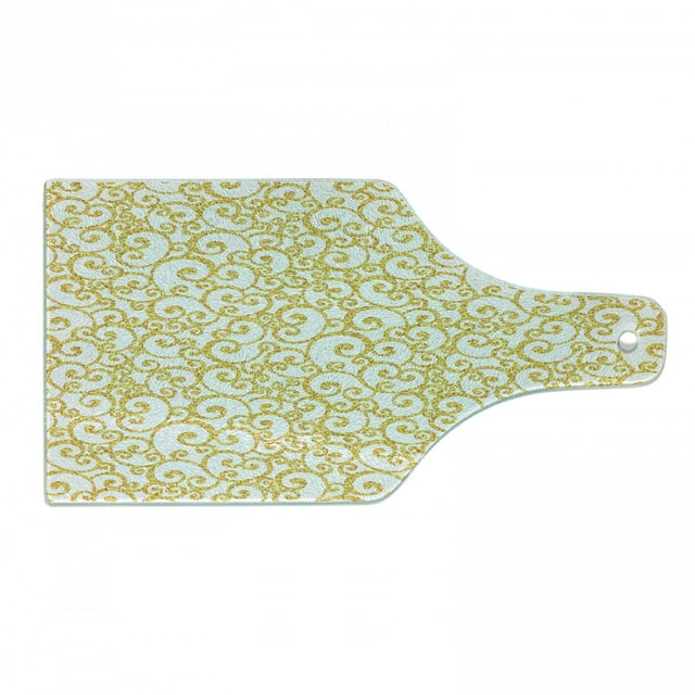 Victorian Cutting Board, Floral Ivy Swirls in Golden Yellow Shade Antique Motif Inspired Art Print, Tempered Glass Cutting and Serving Board, Wine Bottle Shape, Yellow and White, by Ambesonne