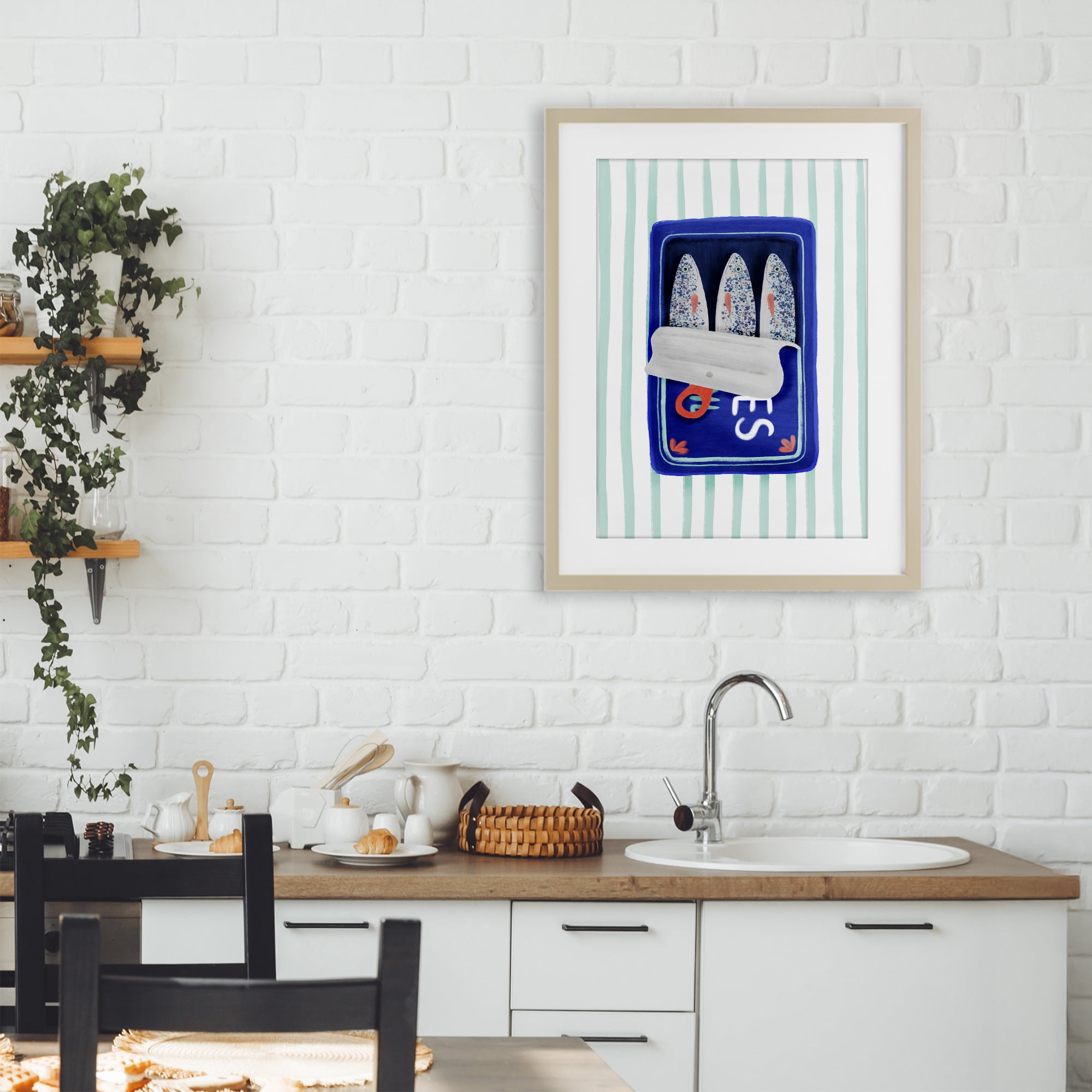 Stupell Industries Blue Sardines on Stripes Birch Framed Print Under Glass, design by Metka Hiti