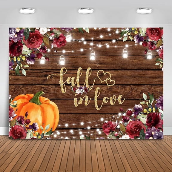 Fall in Love Bridal Shower Backdrop Burgundy Pumpkin Bridal Shower Background Rustic Lights Autumn Fall Wedding Party Cake Table Decorations Banner Photo Booth Props