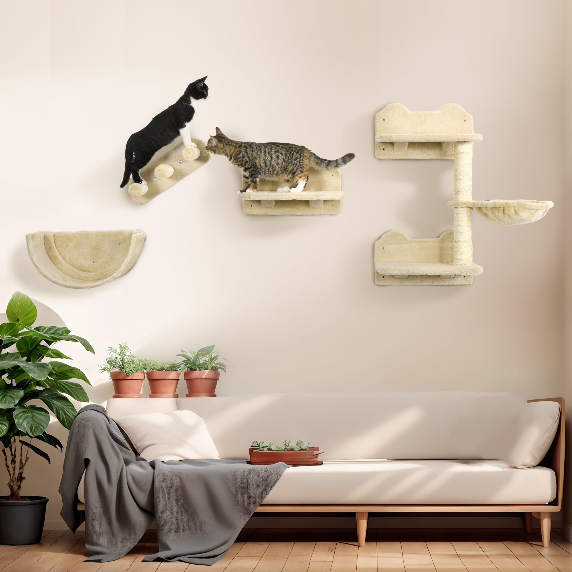 Pawchop Cat Wall Climbing Set - 4 Piece Cat Shelves With Scratching Post, Hammock & Steps, Beige Cat Wall Furniture For Indoor Cats-1028586