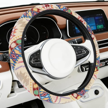 Bohemian Steering Wheel Cover, Cloth Boho Car Steering Wheel Covers for Women Ethnic Style Cotton Linen Steering Wheel Accessories Cover Universal 14-15 Inch Round/D-Type/Double D-Type (Beige)