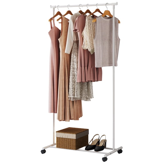 ACTDAYS Clothes Rack with Wheels, Rolling Garment Rack with Storage Shelf, Clothes Organizer for Bedroom, Laundry, Bathroom, Home, White