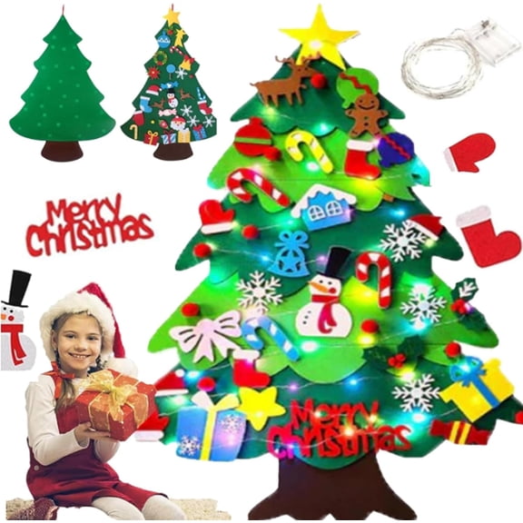 Montessori Felt Christmas Tree Ornament Kits, DIY Oversized Felt Christmas Tree with 32pcs Ornaments and 3M Lights