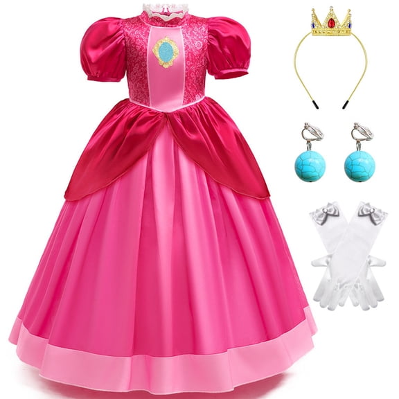Princess Peach Costume Halloween Christmas Cosplay Dress with Rich Accessories 3-10Years