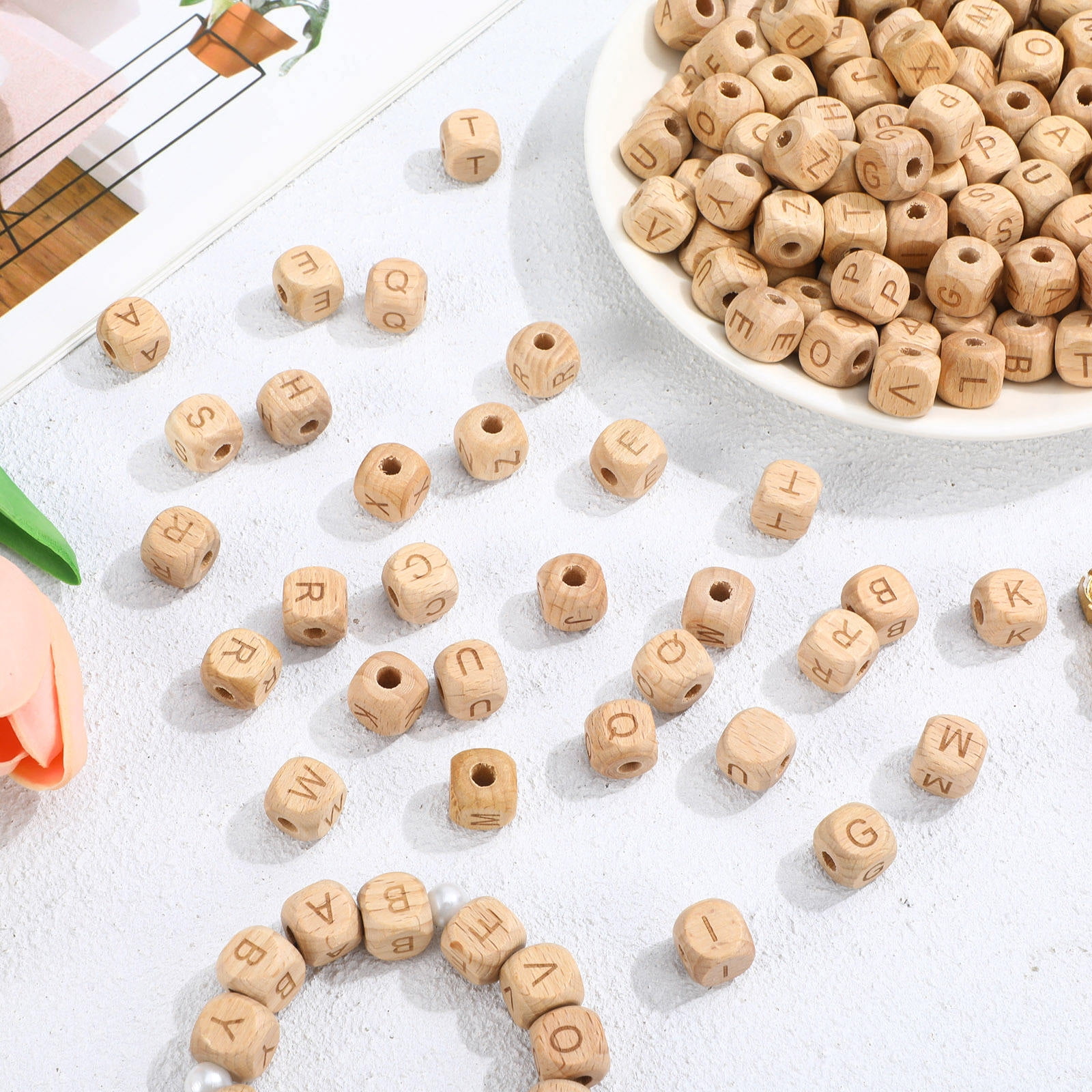 HOOWIFFY 260-Piece Natural Beech Wood Alphabet Beads Set for Jewelry Making, Crafting, Accessories and Projects