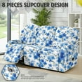 thumbnail image 3 of ZIATUBLES Recliner Chair Covers, Printed 3-Seater Stretch Reclining Sofa Cover Set of 8, Soft Fitted Furniture Protector Covers for Pet Kid Easy Care Washable Decor Accessories, Blue Flower, 3 of 9