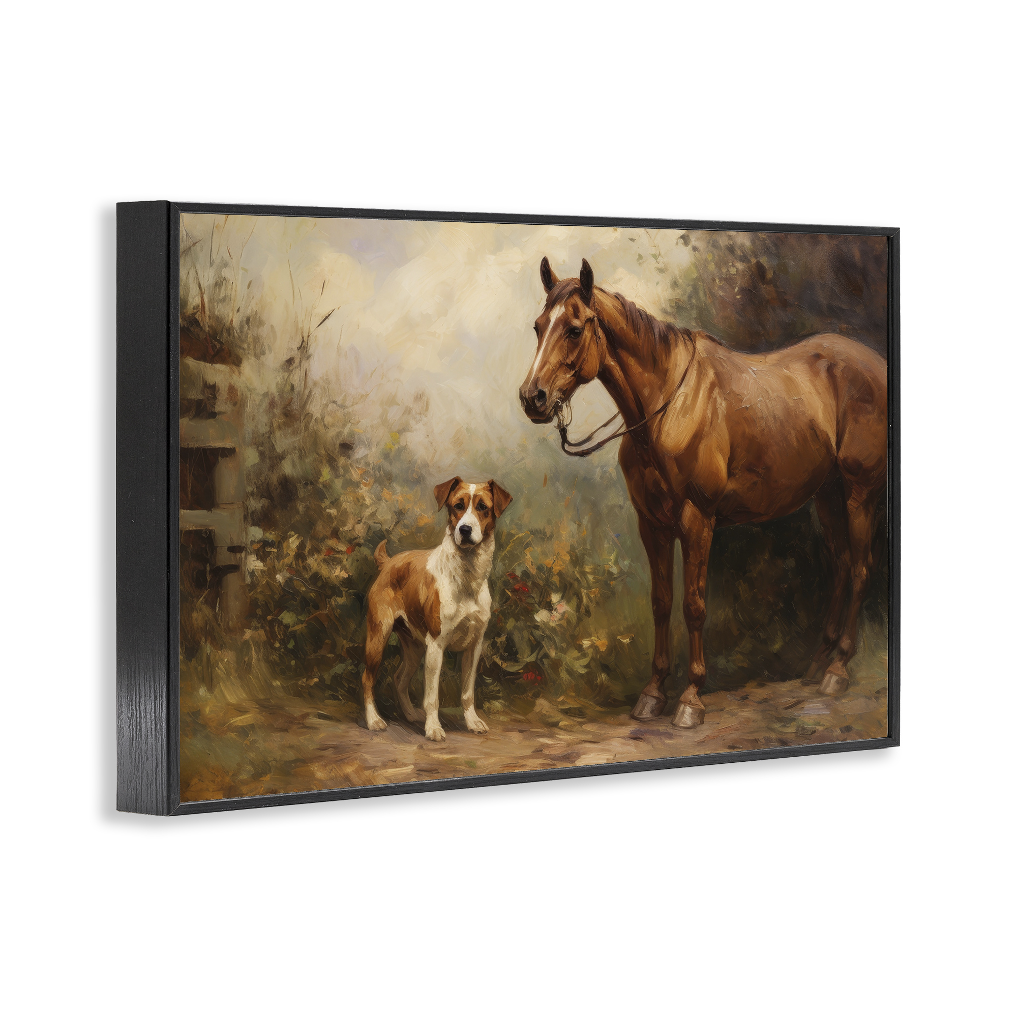 Stupell Industries Horse & Dog in Nature Landscape Painting Black Framed Art Print Wall Art, 30 x 20