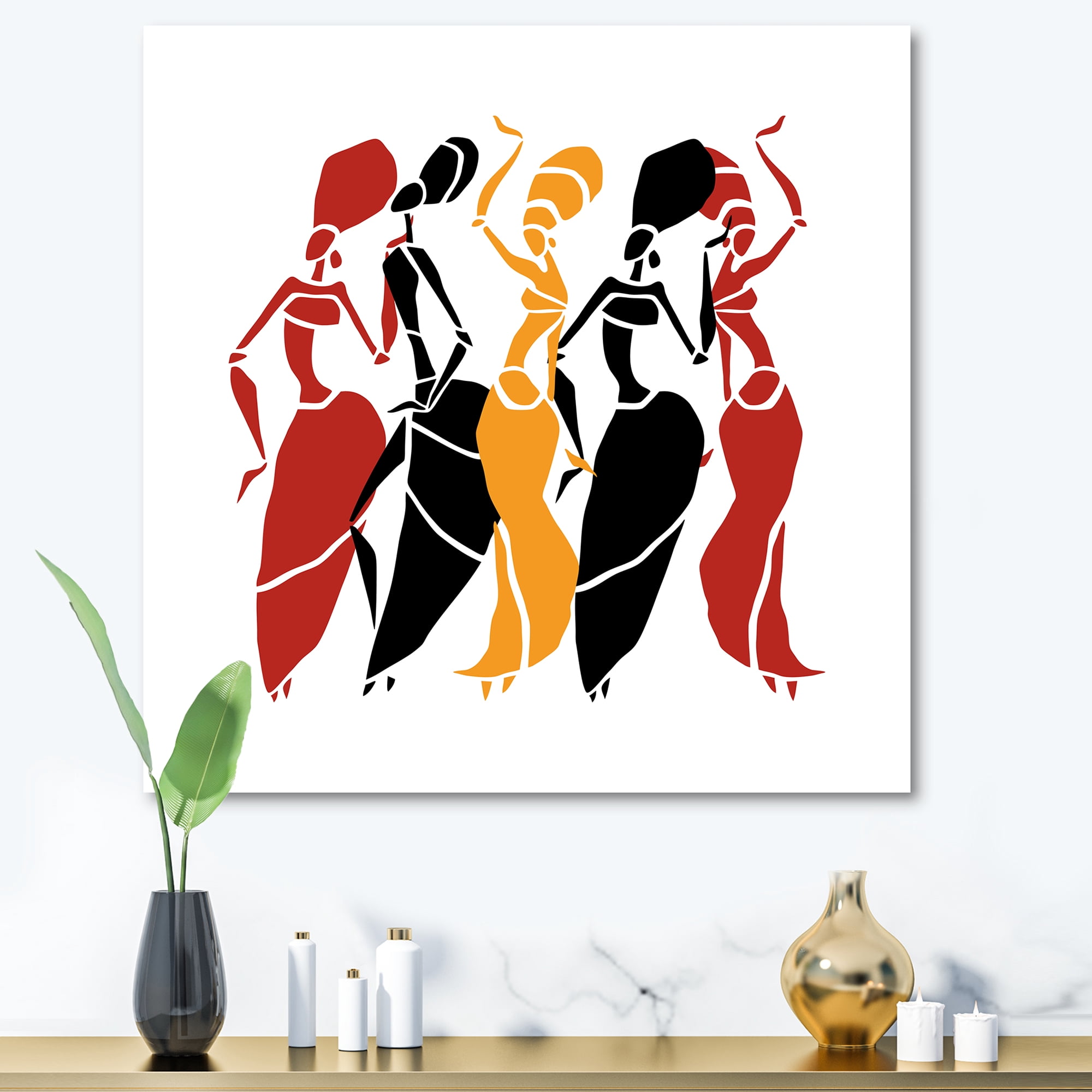 Designart ' Beautiful Red Black and Yellow Dancers Afro American Silhouettes ' Modern Canvas Wall Art Print