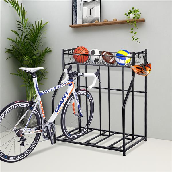 Bike Rack with Storage, Bike Stand for Garage Black Free-standing Floor  Parking Bicycle Rack with Basket and Ball Rack, Great for Mountain, Hybrid  or Kids Bikes, 2-Tier Storage Garage Organizer