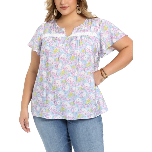 GRACE & GRANDEUR Blusa de mujer de talla grande para el Día de la Madre, estampado floral de Pascua, cuello con muesca, con encaje, mangas con volantes, top casual de verano 3X color púrpura claro