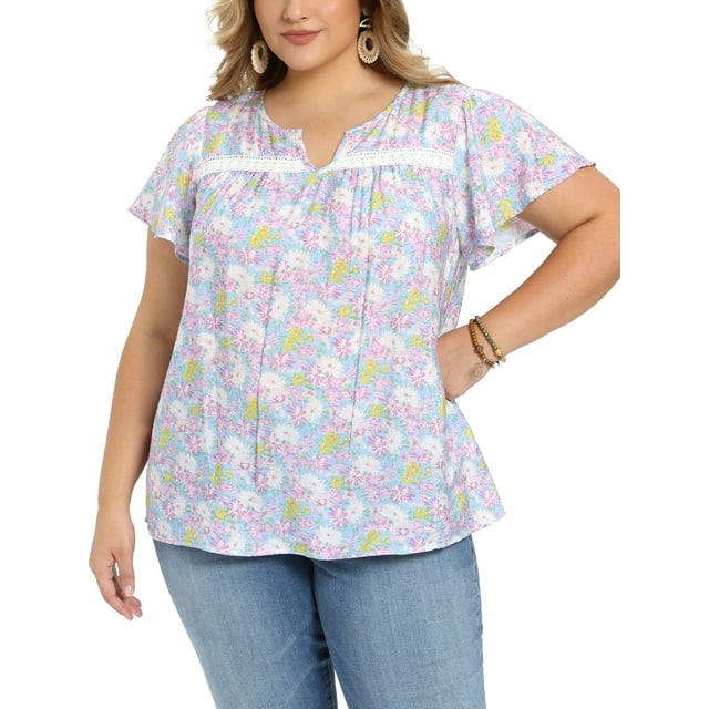 GRACE & GRANDEUR Blusa de mujer de talla grande para el Día de la Madre, estampado floral de Pascua, cuello con muesca, con encaje, mangas con volantes, top casual de verano 2X color púrpura claro