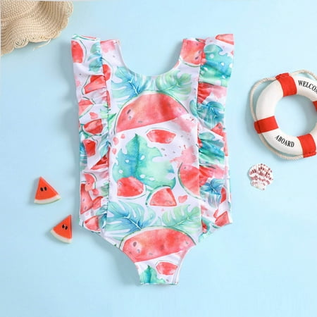Dyfzdhu Girls Swimsuit Summer Toddler Girls Ruffles Watermelon Prints 1 Piece Swimwear Beach Onesie Bikini