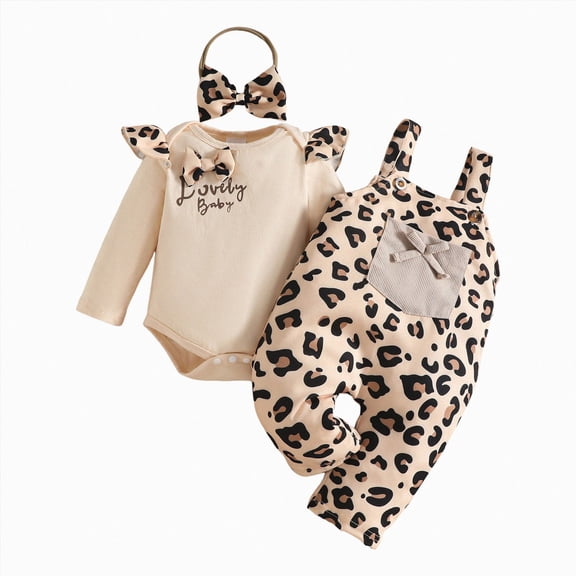 Xyant 3PCS Newborn Baby Girl Clothes Infant Fall Winter Outfits Ruffle Long Sleeve Rompers Suspender Overalls Pants Headband Set Baby Girl Outfits (Beige,6-9 Months)