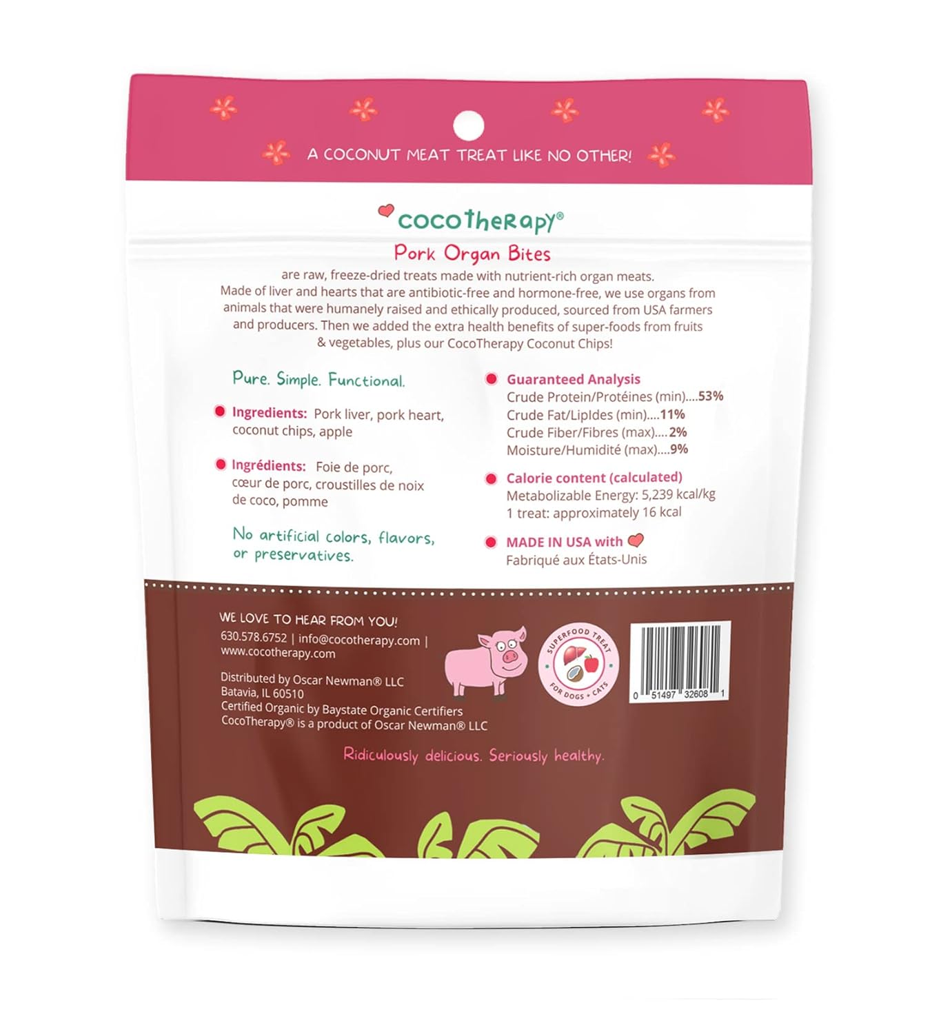 CocoTherapy Organ Bites! Dog and Cat Treat, Pork + Apple, 3 Oz.