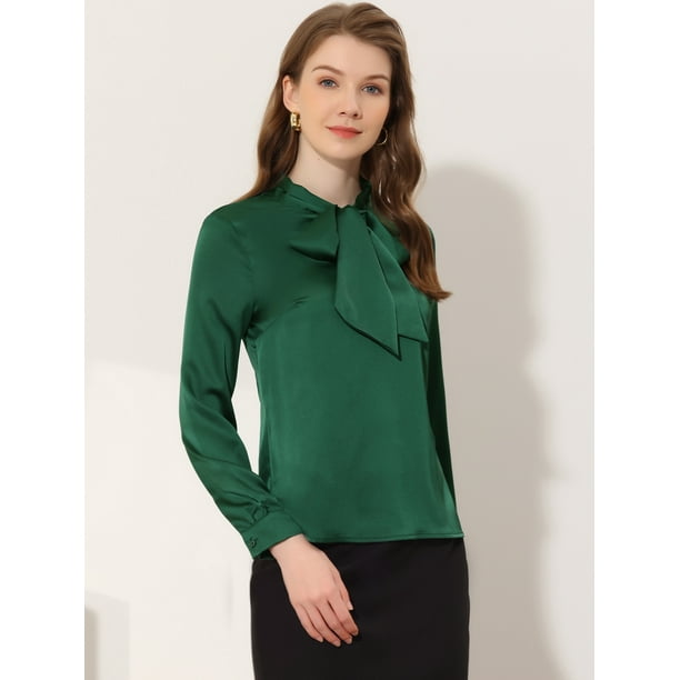 Blusa de satén para mujer Allegra K camisa de oficina con cuello de  pajarita Verde oscuro S