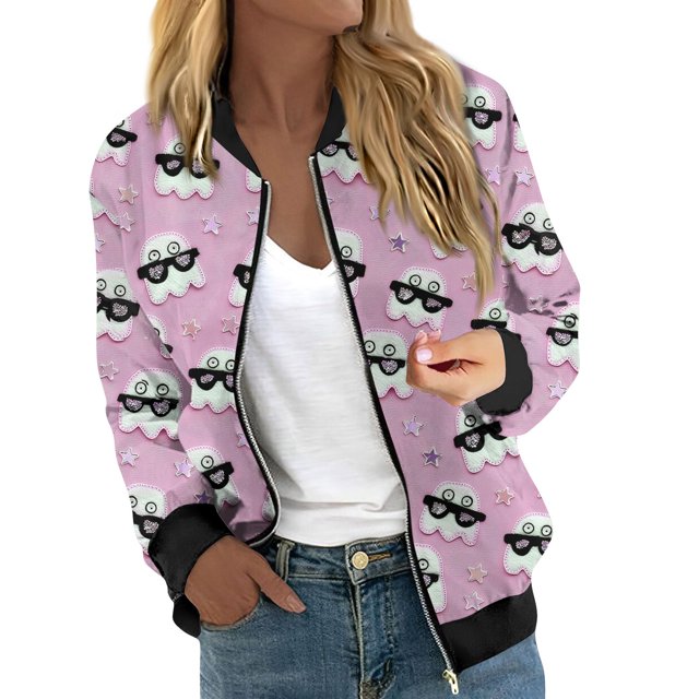 Chaqueta bomber con estampado de dibujos animados para mujer, ligera, con cremallera, informal, abrigo de moda