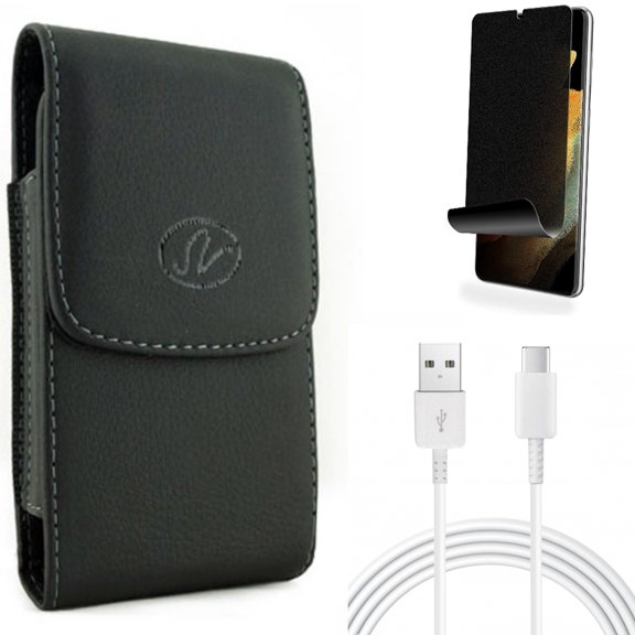 Case Belt Clip & Privacy Screen Protector & 10ft USB-C Cable for Samsung Galaxy S22 Plus (S22 ) - Combo Leather Holster Cover & TPU Film (Fingerprint) Anti-Peep & Type-C Charger Cord Power