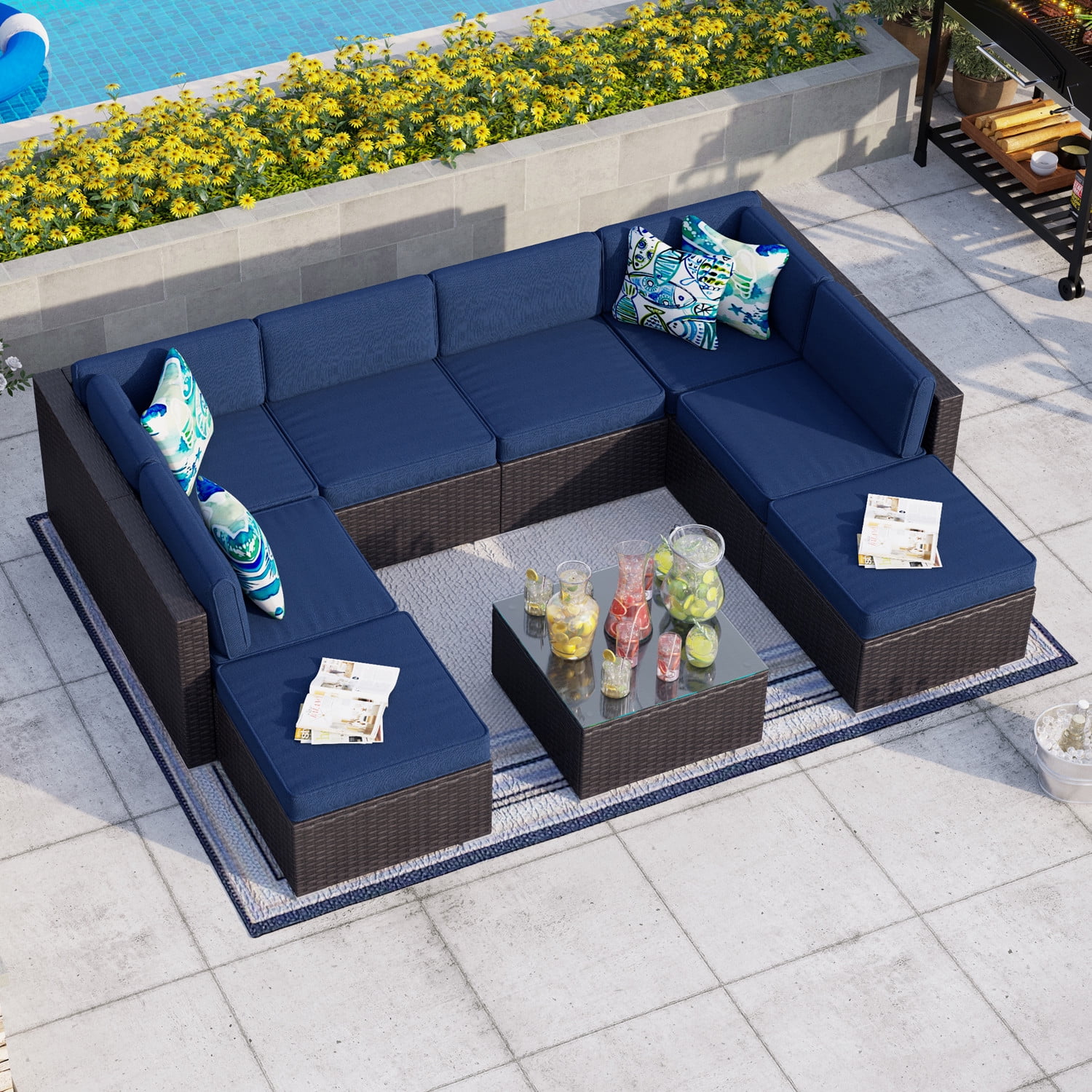 Beige PHI VILLA 9-Piece Patio Furniture Set Rattan Wicker Outdoor Sectional Sofa with Tea Table 