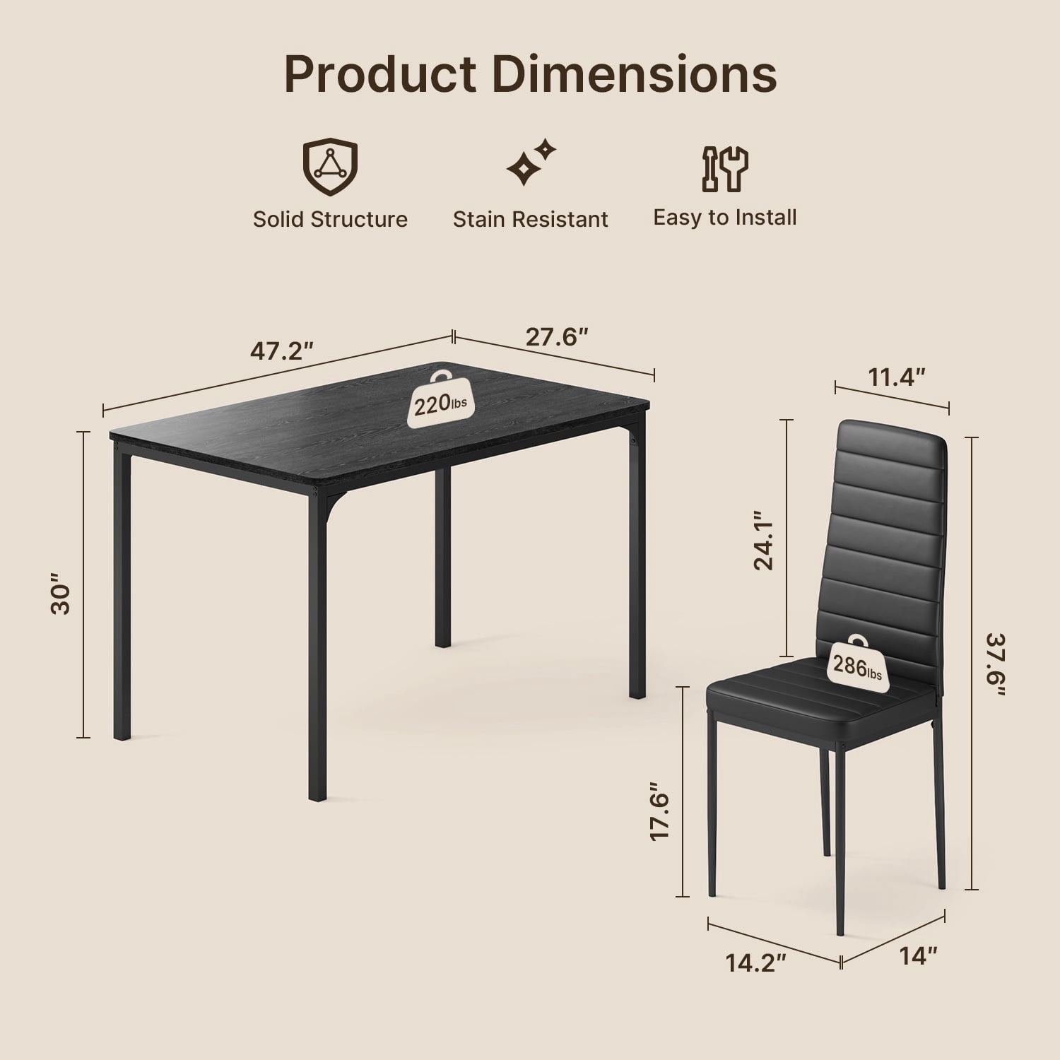 Dining Table Set for 4,Lofka 5 Pieces Wooden Kitchen Table with PU Leather Chairs Set for Living Room&Small Spaces,Black