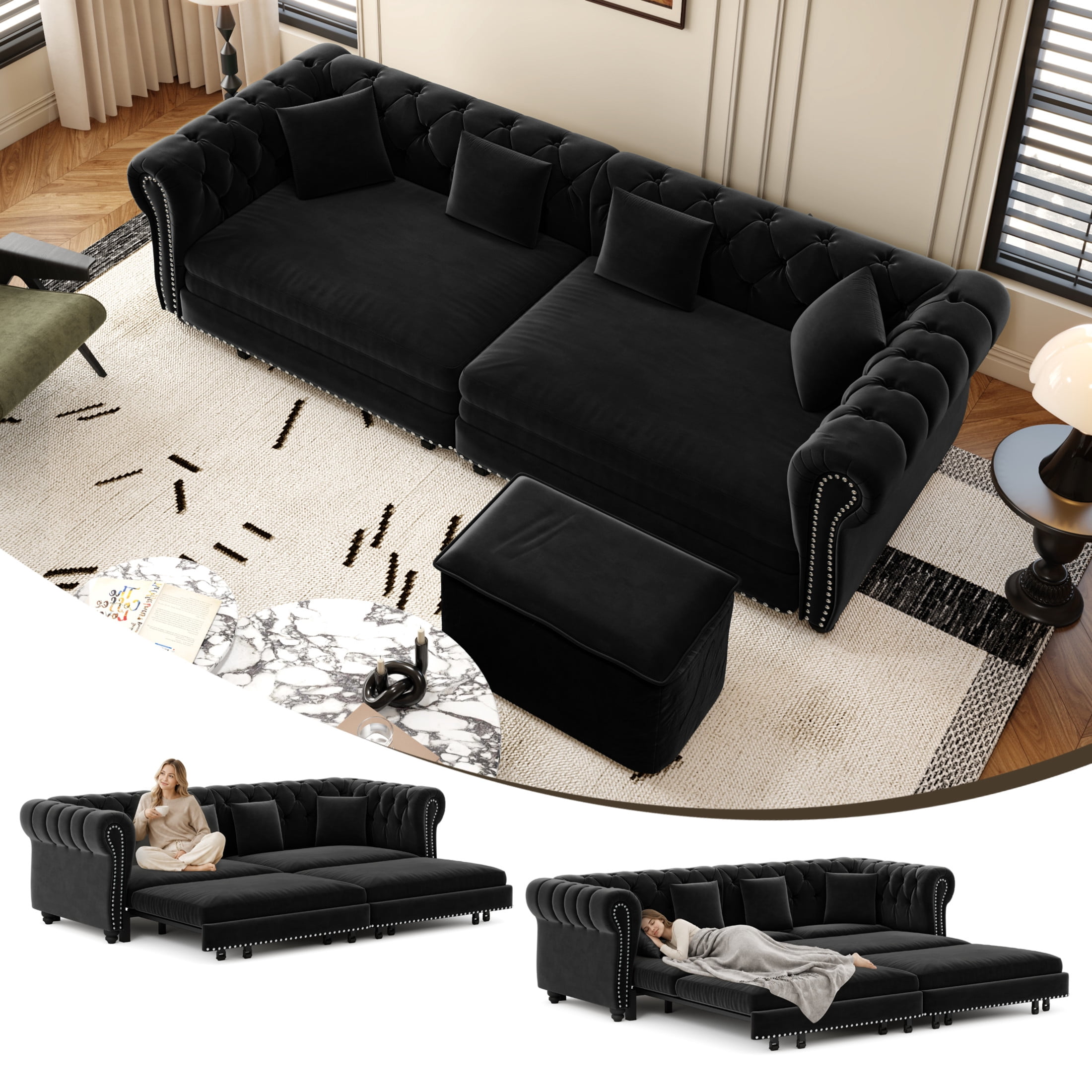 Noble House Ulwick Velvet Chesterfield Pull-Out Sofa Bed, 3-in-1 Convertible Sleeper Couch with Movable Ottoman, Black