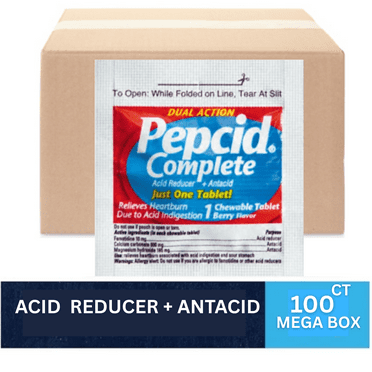 Pepcid Complete Dual-Action Antacid, Chewable Tablets, Berry Flavor 100 Packets 1 Tablet Per Packet Individually Sealed 100 Tablet Count MEGA BOX