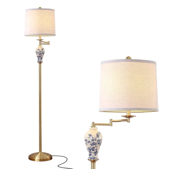 JUJUYUYOP 63" Floor lamp for the living room, with a 355° adjustable swivel arm and a linen shade; suitable for bedrooms, offices, and home offices (bulb included)
