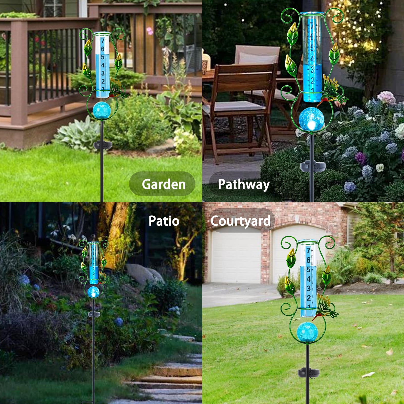 Outdoor Hummingbird & Leaf Solar Rain Gauge,Crackle Glass LED Ball, Metal Garden Stake for Patio, Lawn & Outdoor Decor