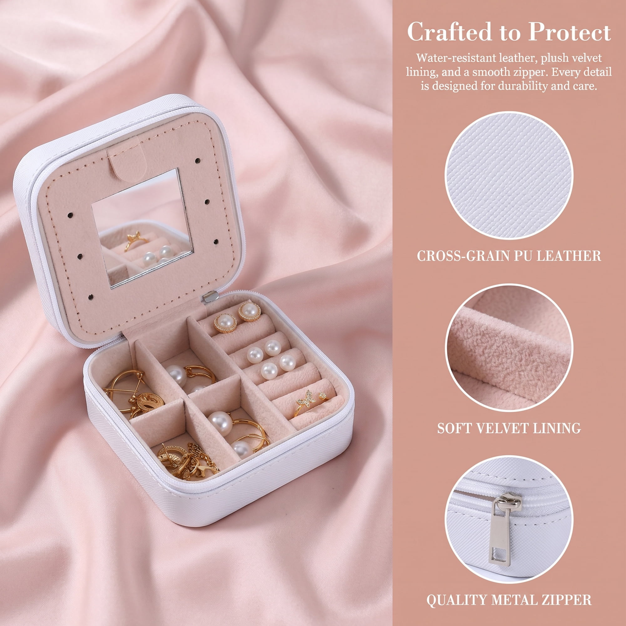 Travel Jewelry Box with Mirror Small Portable PU Leather Organizer Gifts White