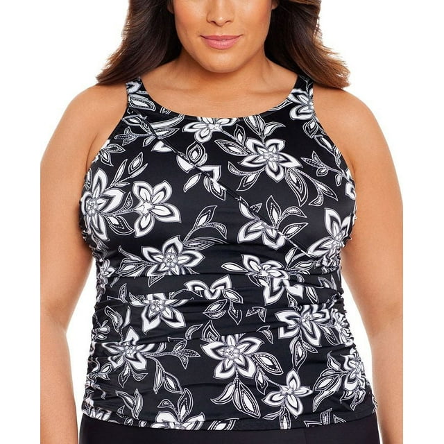 Swim Solutions Haut Tankini à Col Montant Imprimé Grande Taille avec Contrôle du Ventre, Noir, 24W