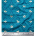 thumbnail image 1 of Soimoi Blue Japan Crepe Satin Fabric White Floral & Ogee Damask Decor Fabric Printed BTY 44 Inch Wide, 1 of 3