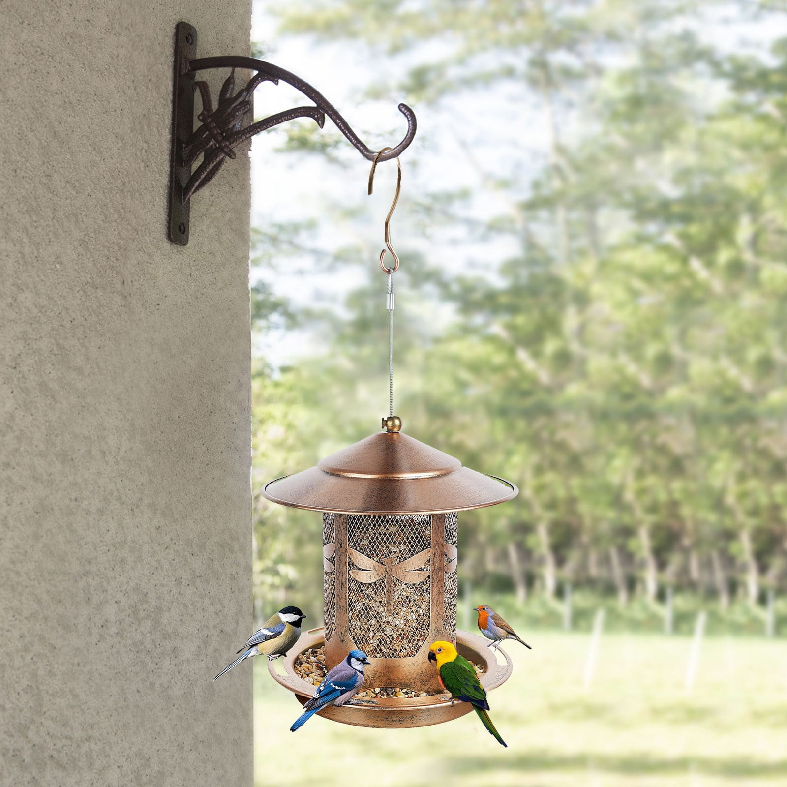 ERTZAE Metal Squirrel-Proof Hanging Bird Feeder,Outdoor Hanging Bird Feeder,2Lbs Capacity Wild Bird Feeder,Pattern Garden Drainage-Tray Bird Seed Feeder,Easy-Clean Stainless Steel Bird Feeder B
