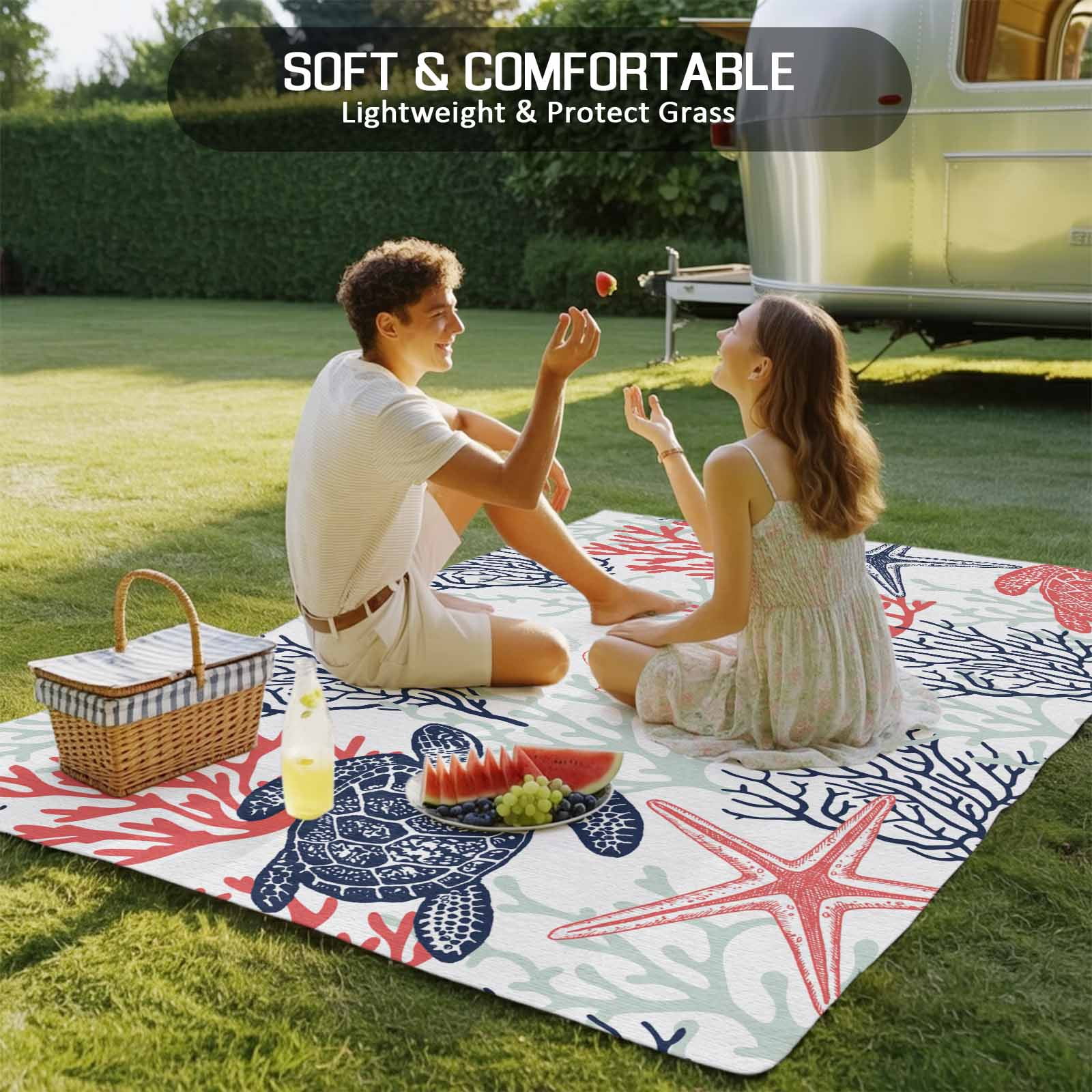Fsddascl Blue Red Coastal Outdoor Rug for Patio/Deck, Non-Slip Large Area Rug 4 x 6 Ft, Sea Turtle Nautical Coral Summer Beach Indoor Outdoor Rugs Washable Area Rugs, Reversible Camping Rug Carpet