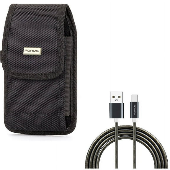 Rugged Canvas Carry Case Holster Metal Belt Clip w Metal Braided Type-C USB Cable Charger Power Sync Wire USB-C Data Cord [Silver] V7N for Razer Phone 2 - RED Hydrogen One