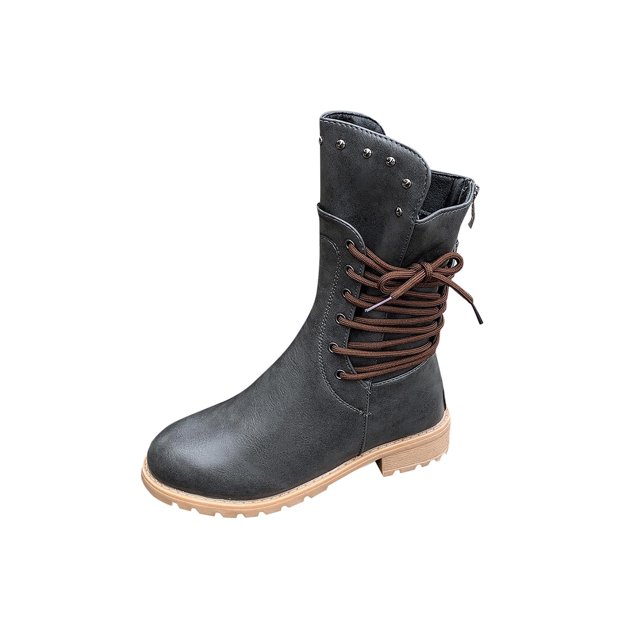 LOVZFMLL Bottes pour Femmes Mi-Mollet Bottes d'Hiver à Lacets Bout Rond Sangles Ajustables Talon Bas Épais Décontractées Mode Automne Chaussures