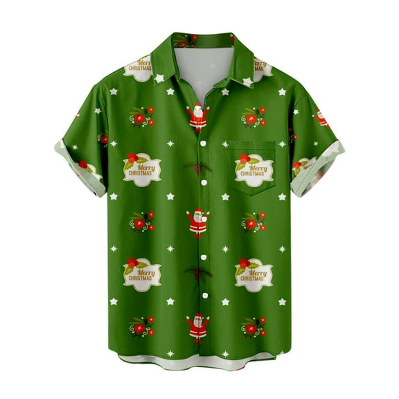 IROINNID Christmas Ugly T-Shirt for Men Funny Print Hawaiian Tops Xmas Vacation Holiday Gift Button Up Green Shirt,Green