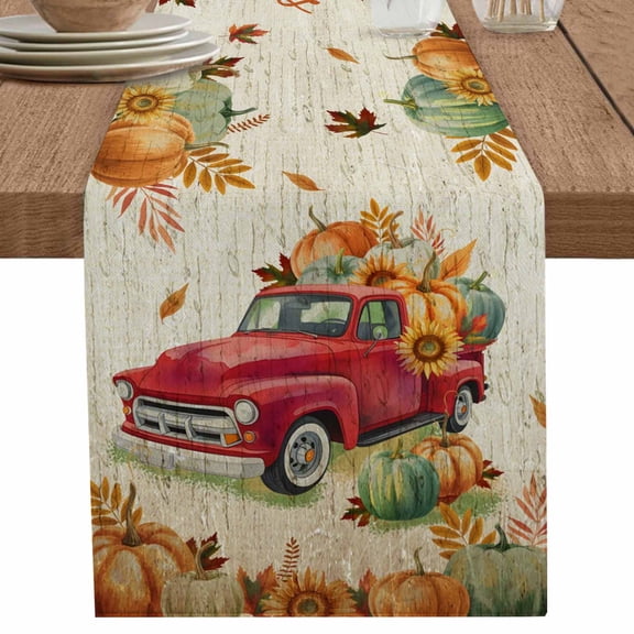 nqOlkjepod Red Truck Fall Table Runner 72 Inches Long Farmhouse Dress Scarves, Pumpkins Thanksgiving Sunflower Retro Botanical Dining Tablerunner for Coffee Table/Kitchen Island/Party Décor, 13"x72"