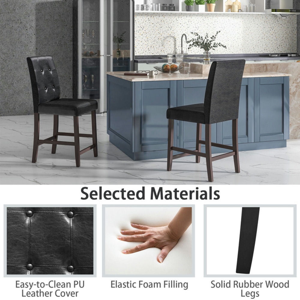 Demi Bonn Set of 2 Bar Stools with Rubber Wood Legs and Button-Tufted Back, Modern Dining Chair, Black