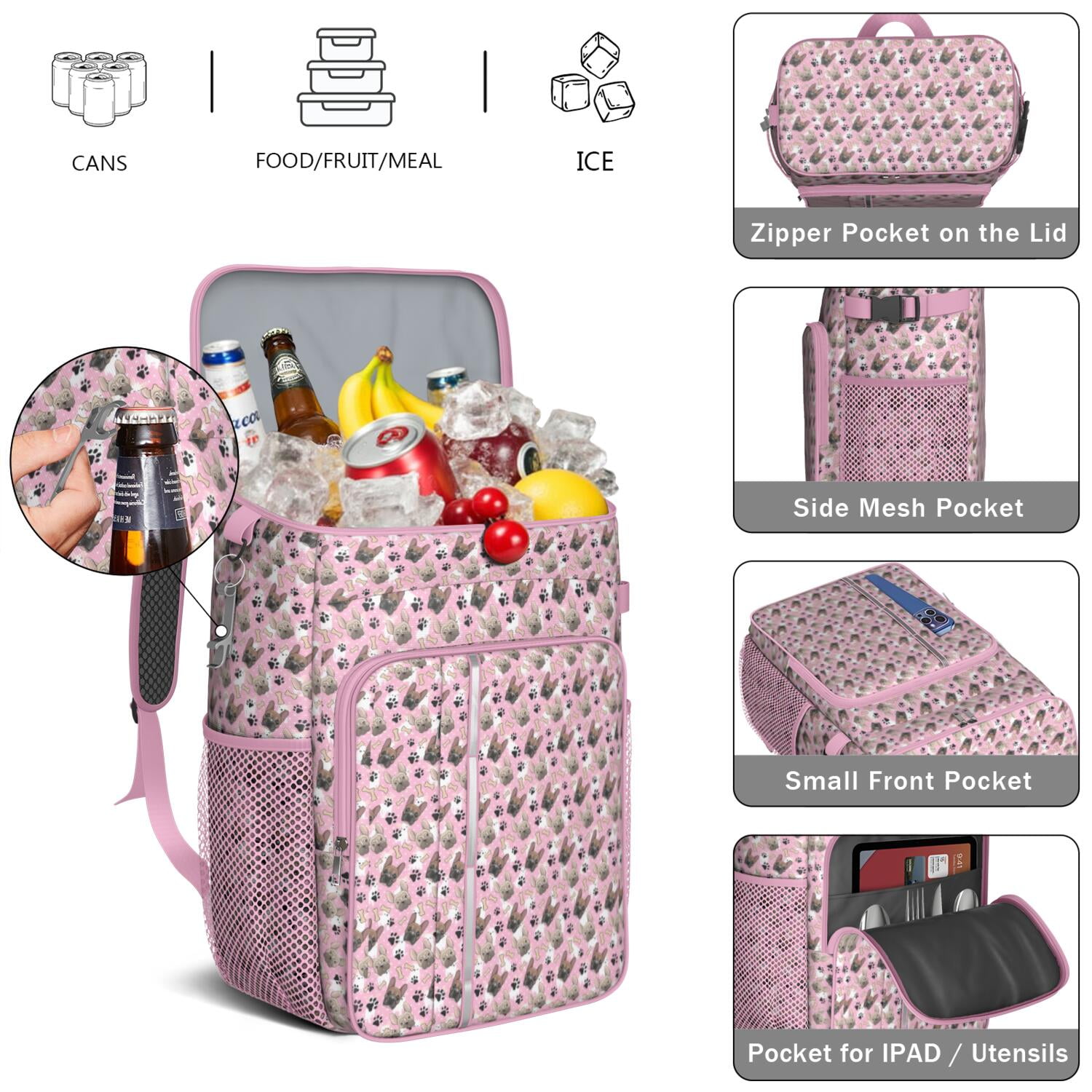 Travel Cooler Bag - French Bulldog Cute Bone Paw Print Camping Beer Cooler Backpack with Bottle Opener- Waterproof Insulated Picnic Backpacks - Cooler Bag for Beach